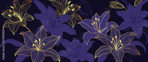 luxury gold floral line art wallpaper vector. Exotic botanical background, Lily flower vintage boho style for textiles, wall art, fabric, wedding invitation, cover design Vector illustration.