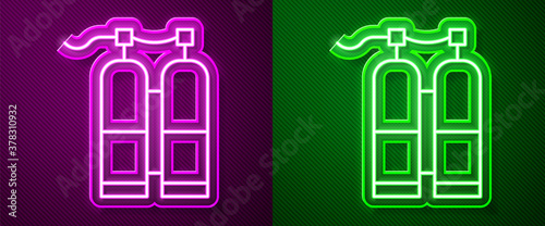 Glowing neon line Aqualung icon isolated on purple and green background. Oxygen tank for diver. Diving equipment. Extreme sport. Sport equipment. Vector Illustration.
