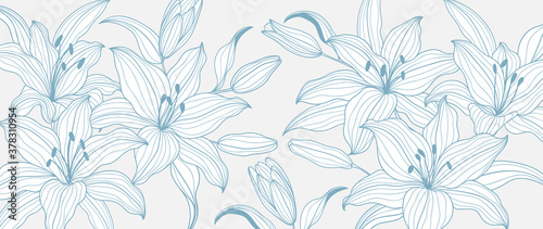 luxury gold floral line art wallpaper vector. Exotic botanical background, Lily flower vintage boho style for textiles, wall art, fabric, wedding invitation, cover design Vector illustration. © TWINS DESIGN STUDIO