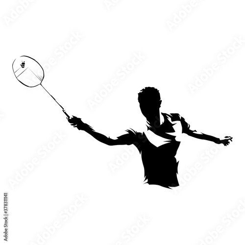 Badminton player, isolated vector silhouette, ink drawing