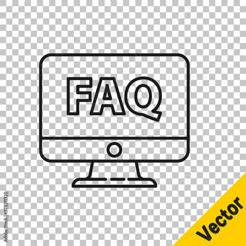 Black line Computer monitor and FAQ icon isolated on transparent background. Adjusting, service, setting, maintenance, repair, fixing. Vector Illustration.