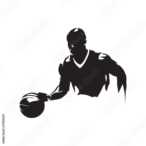 Basketball player running with ball, dribbling. Isolated vector silhouette, ink drawing, front view. Basketball point guard illustration