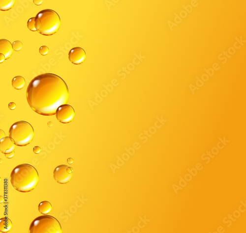 Oil gold bubbles isolated on yellow background. Cosmetic pill capsule of vitamin E, A. Vector realistic serum droplets of collagen essence