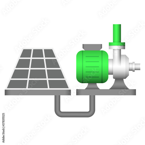 Water pump icon. Consist of centrifugal pump, pipe and solar panel. Powered by electric motor with solar energy. To produce flow and pressure, distribution and supply water for plumbing, irrigation.