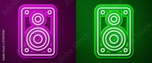 Glowing neon line Stereo speaker icon isolated on purple and green background. Sound system speakers. Music icon. Musical column speaker bass equipment. Vector Illustration.