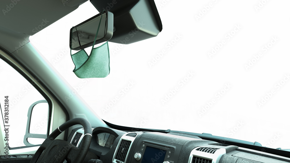 mask on the rearview mirror inside the car safe passenger transportation concept Taxi 3d render on white background - obrazy, fototapety, plakaty 