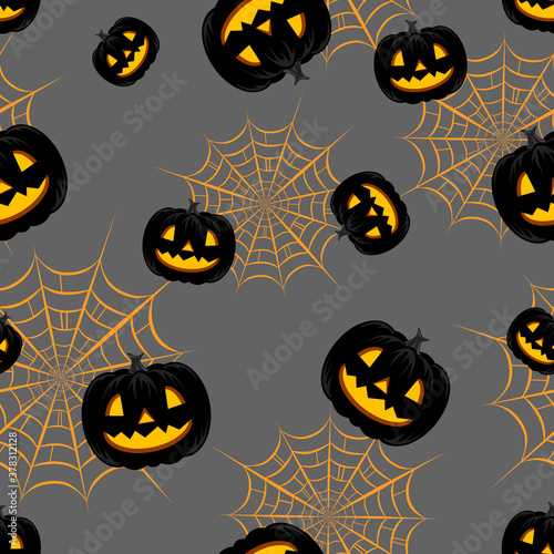 Pattern with black pumpkin and orange spider webs on grey background. For gift paper, textiles, clothes, social networks, wallpaper, prints, festive decor