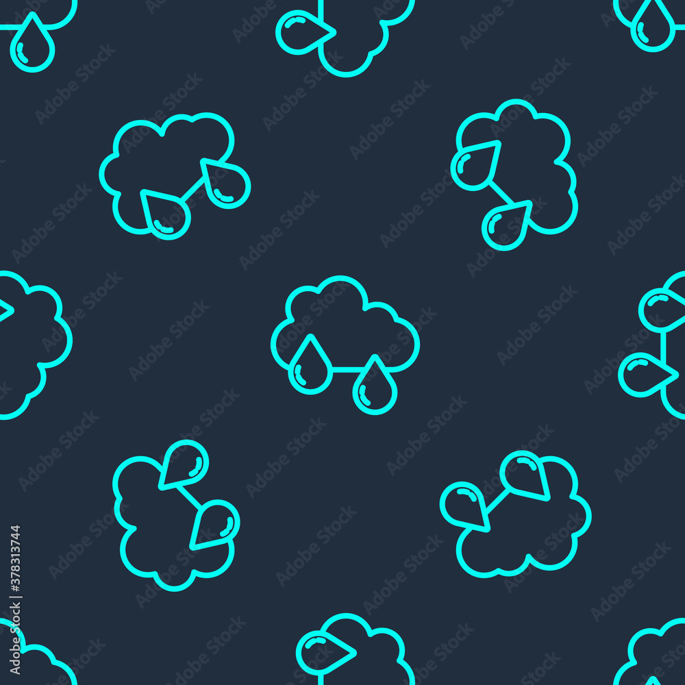 Obraz premium Green line Cloud with rain icon isolated seamless pattern on blue background. Rain cloud precipitation with rain drops. Vector.