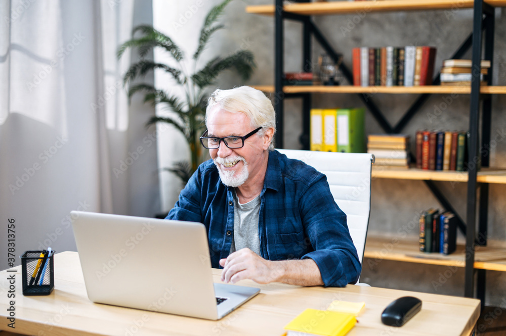 Handsome smiling older man with mustache and beard is using a laptop computer at home office