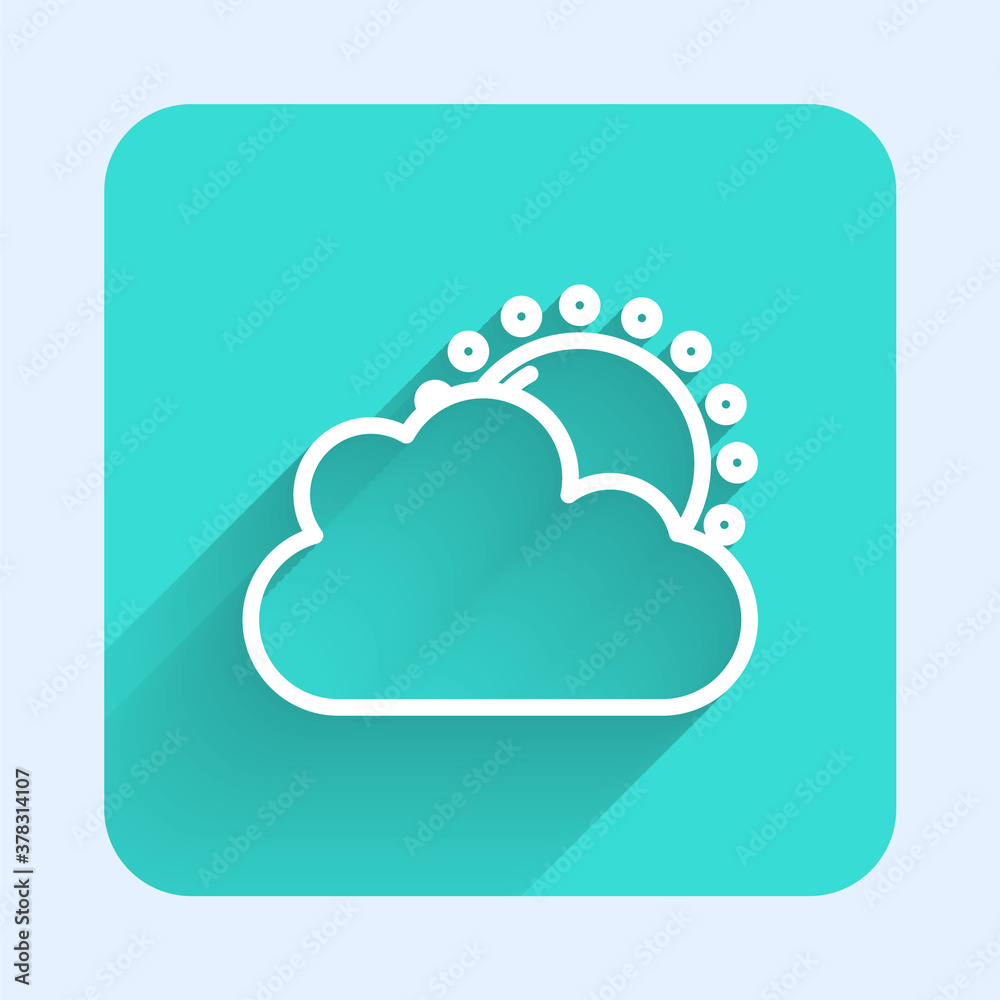 White line Sun and cloud weather icon isolated with long shadow. Green square button. Vector. White line Sun and cloud weather icon isolated with long shadow. Green square button. Vector.
