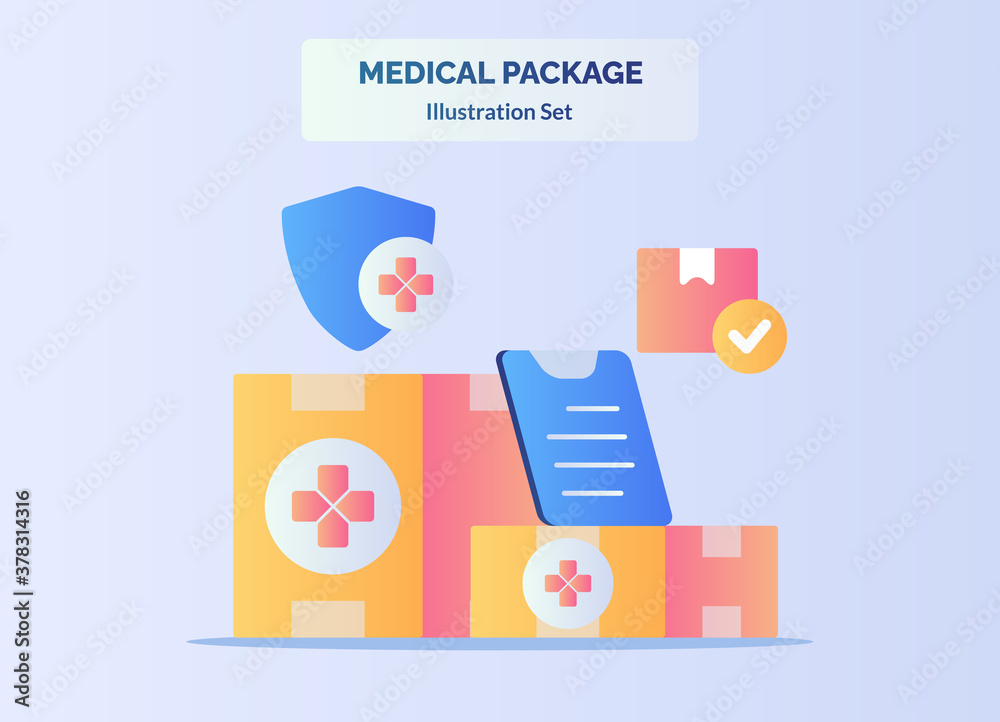 Medical package concept box delivery clipboard shield with flat cartoon style Medical package concept box delivery clipboard shield with flat cartoon style