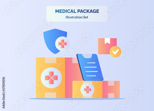 Medical package concept box delivery clipboard shield with flat cartoon style