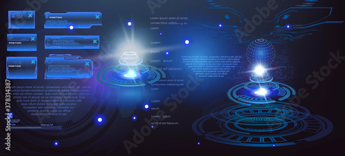 Conceptual high tech background. Cyber space with holographic portal, frames, HUD, GUI, UI elements. Innovative HUD-style background. Vector