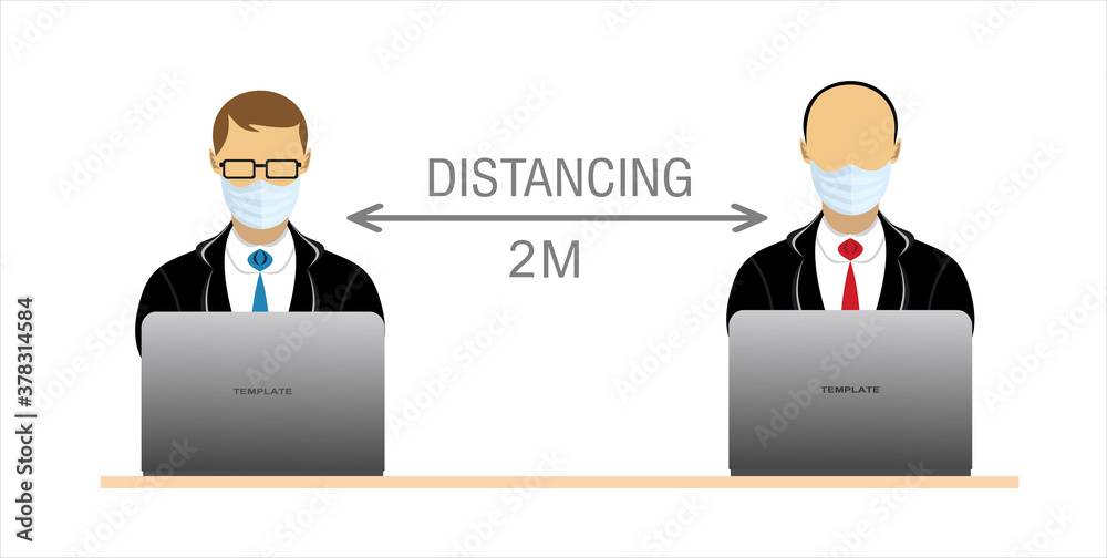People working together in business office maintain social distancing to prevent coronavirus spreading, keep a safe distance, new normal lifestyle concept, flat vector illustration People working together in business office maintain social distancing to prevent coronavirus spreading, keep a safe distance, new normal lifestyle concept, flat vector illustration