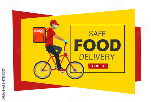 Safe delivery. A courier in a medical mask delivers orders on bicycle . Logistics and safe delivery concept. Delivery home and office. Suitable for web landing page, ui, banner. Vector.
