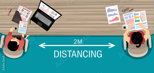 People working together in business office maintain social distancing to prevent coronavirus spreading, keep a safe distance, new normal lifestyle concept, flat vector illustration