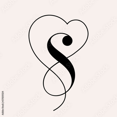 Letter S logo.Calligraphic lettering with decorative line in shape of heart.Vector icon alphabet initial.Romantic, wedding style character isolated on light background.