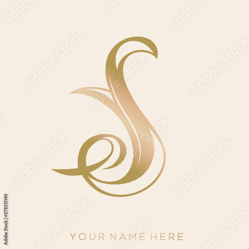 Letter S logo.Decorative lettering icon.Uppercase alphabet initial with swirls and organic elements.Typographic sign isolated on light background.Gold color.