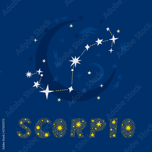 Hand drawn Scorpio zodiac star constellation design. Abstract starry map of night sky with blue background and decorative lettering. Vector isolated illustration for posters, prints, birthday cards. photo