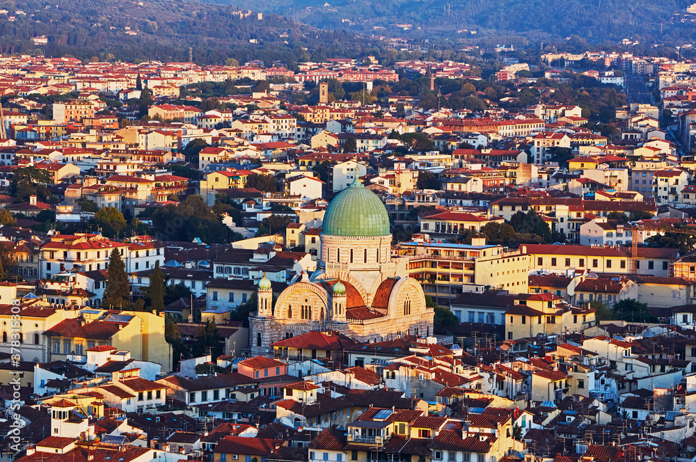 Aerial view of the 'Great Synagogue of Florence' and skyline of Florence at dusk
