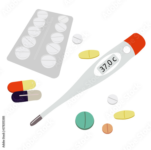 Vector stock illustration of a close-up Flu pills, a set of medicine for the disease. Medicine. Isolated on a white background. A thermometer for measuring the patient's body temperature.