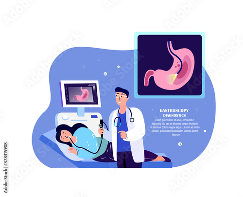 Doctor Gastroenterologists,Gastroscopy Researching,Curing Patient Stomach Ache.Diagnostics,Gastric Catheter.Abdominal Clinic Consultation Medical Hospital.Digital Service,Treatment.Vector Illustration
