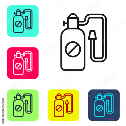 Black line Pressure sprayer for extermination of insects icon isolated on white background. Pest control service. Disinfectant sprayer. Set icons in color square buttons. Vector.