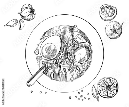 Soto meat chicken soup culinary Indonesian flavor hand drawn sketches white isolation background 