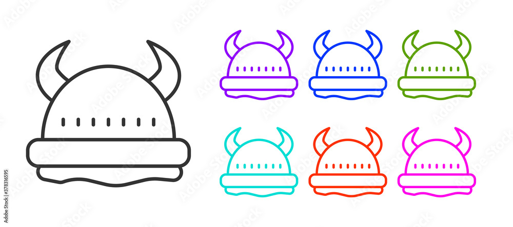 Black line Viking in horned helmet icon isolated on white background. Set icons colorful. Vector. Black line Viking in horned helmet icon isolated on white background. Set icons colorful. Vector.
