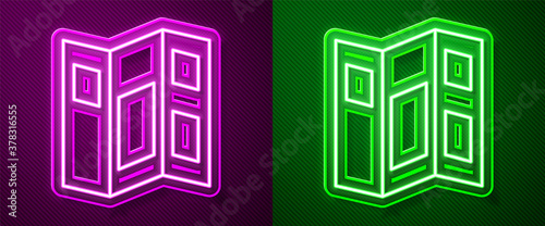 Glowing neon line Museum guide brochure icon isolated on purple and green background. Exhibition guidebook. Flyer, booklet, leaflet print. Vector.