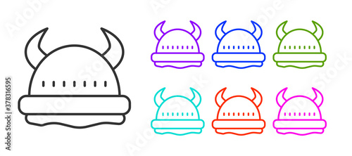 Black line Viking in horned helmet icon isolated on white background. Set icons colorful. Vector.
