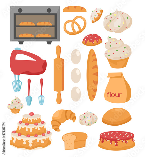 Kitchen set. Stove, mixer, kitchen appliances, rolling pin, bread, flour, food, eggs, muffin, cake, cake, pretzel, donut, loaf, croissant, loaf, whisk, shovel.