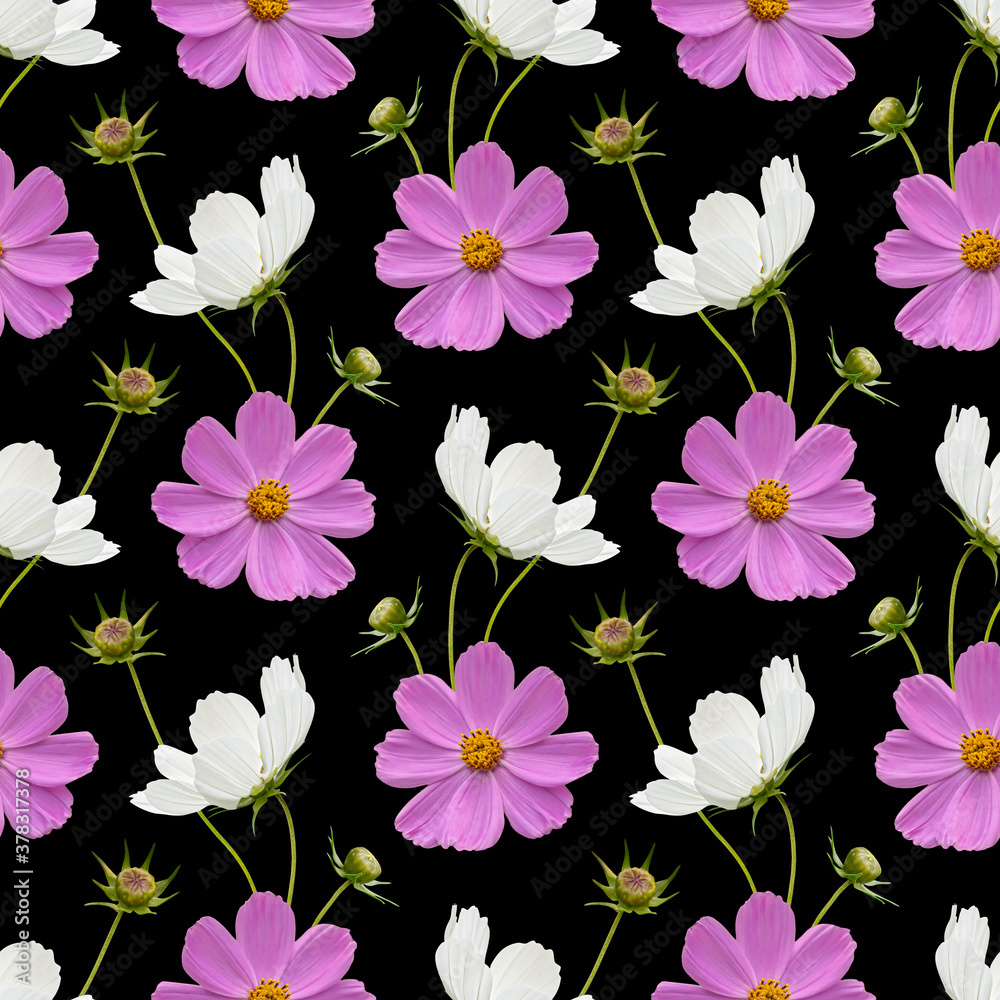 Colorful floral seamless pattern with cosmos flowers collage on black background. Stock illustration.