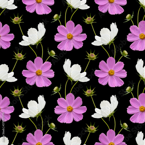 Colorful floral seamless pattern with cosmos flowers collage on black background. Stock illustration. © akini