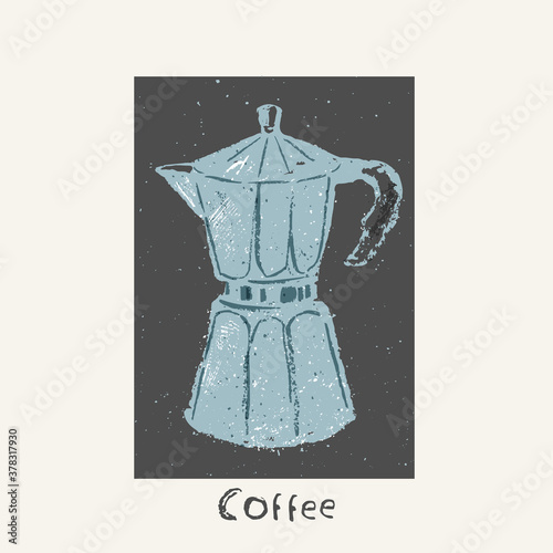 Hand drawn retro metallic coffee moka pot sketch on black background