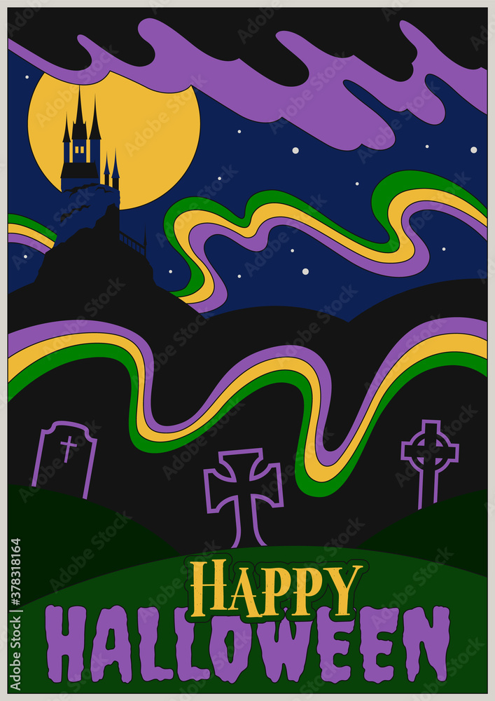 Fototapeta premium Happy Halloween Postcard, Cover, Poster Template, Cemetery, Castle, Night Scene 