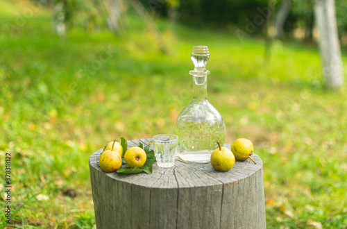 Bottle and glass of pear rakia on rural surrounding photo