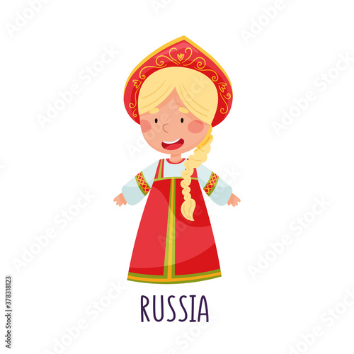 Cheerful Girl Wearing National Costume of Russia Vector Illustration