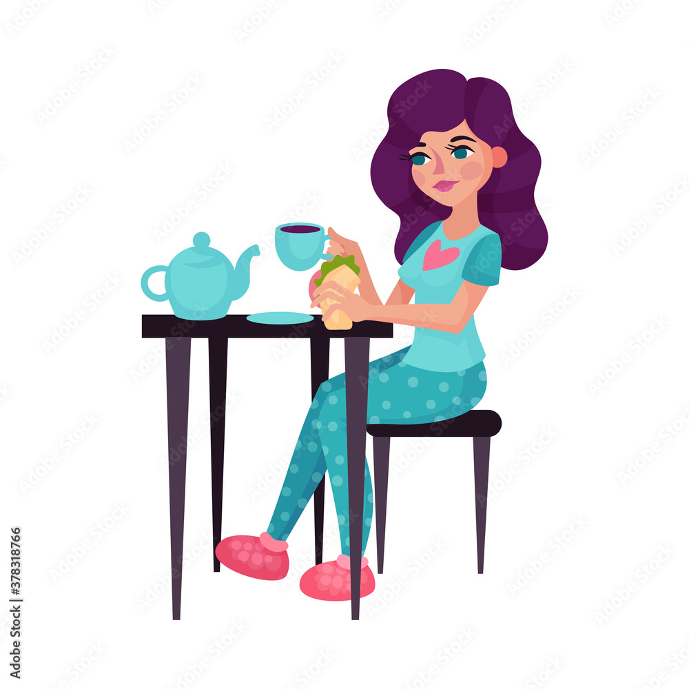 Young Woman Sitting at Table and Eating Breakfast Vector Illustration Young Woman Sitting at Table and Eating Breakfast Vector Illustration