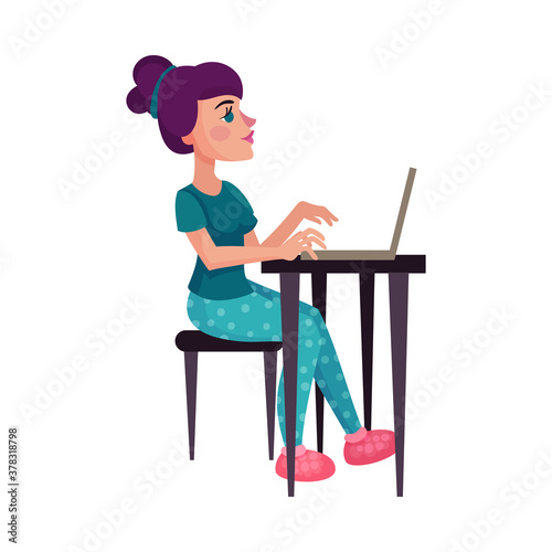 Young Woman Sitting at Table and Working with Laptop Vector Illustration