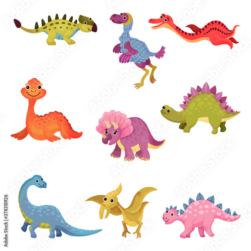 Funny Dinosaurs as Ancient Reptiles Isolated on White Background Vector Set