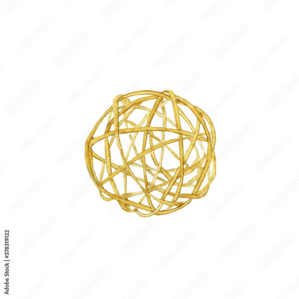 Yellow rattan or pedig ball isolated on white background. Watercolor hand drawn illustration for home décor, cute wood ball. Perfect for card, print, pattern, cover. Yellow rattan or pedig ball isolated on white background. Watercolor hand drawn illustration for home décor, cute wood ball. Perfect for card, print, pattern, cover.