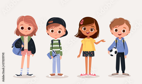 Set of school kids with school supplies.Pupils with books and backpacks. vector.Set of preschoolers children teenagers characters in different poses,clothes,wear. Children fashion models.Kids apparel.