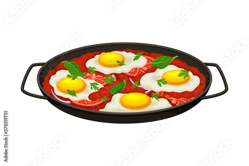 Shakshuka Dish of Poached Eggs in Tomato Sauce Served in Cast Iron Pan Vector Illustration