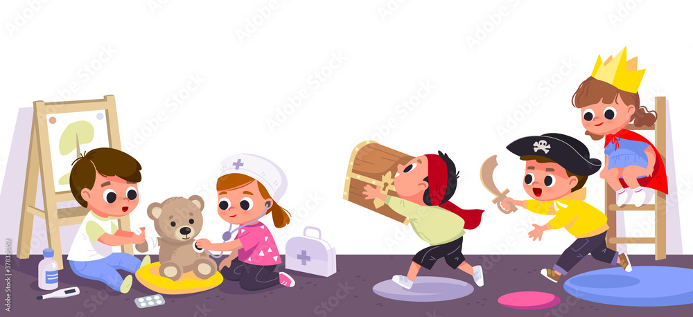 Children play together in kinder garden. Kids doing pirates role play. Preschool kids have fun. Children doctors examining teddy bear with stethoscope. Vector illustration. Children play together in kinder garden. Kids doing pirates role play. Preschool kids have fun. Children doctors examining teddy bear with stethoscope. Vector illustration.