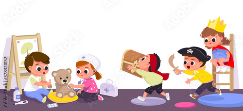 Children play together in kinder garden. Kids doing pirates role play. Preschool kids have fun. Children doctors examining teddy bear with stethoscope. Vector illustration.