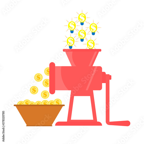 The bulbs fall into the mincer and money is obtained. Finance, ideas and business concept. Vector illustration.
