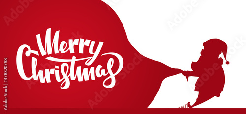 Design template of banner with Silhouette of Santa Claus pulls a heavy bag full of gifts. Merry Christmas.