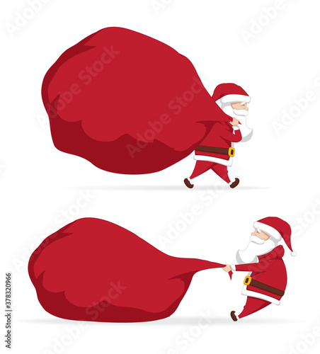 Vector Set of two Santa Clauses carries and pulls a heavy bag full of gifts. Cartoon scene. Merry Christmas.