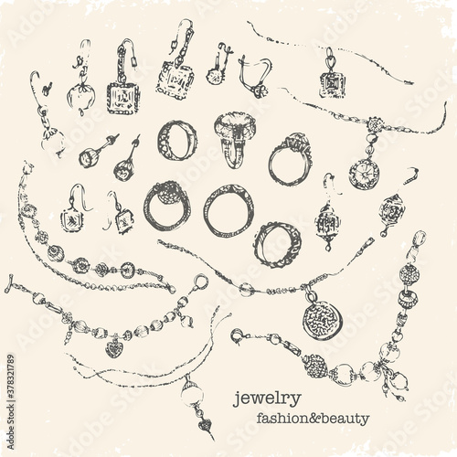 Hand drawn jewelry with gems and pearls